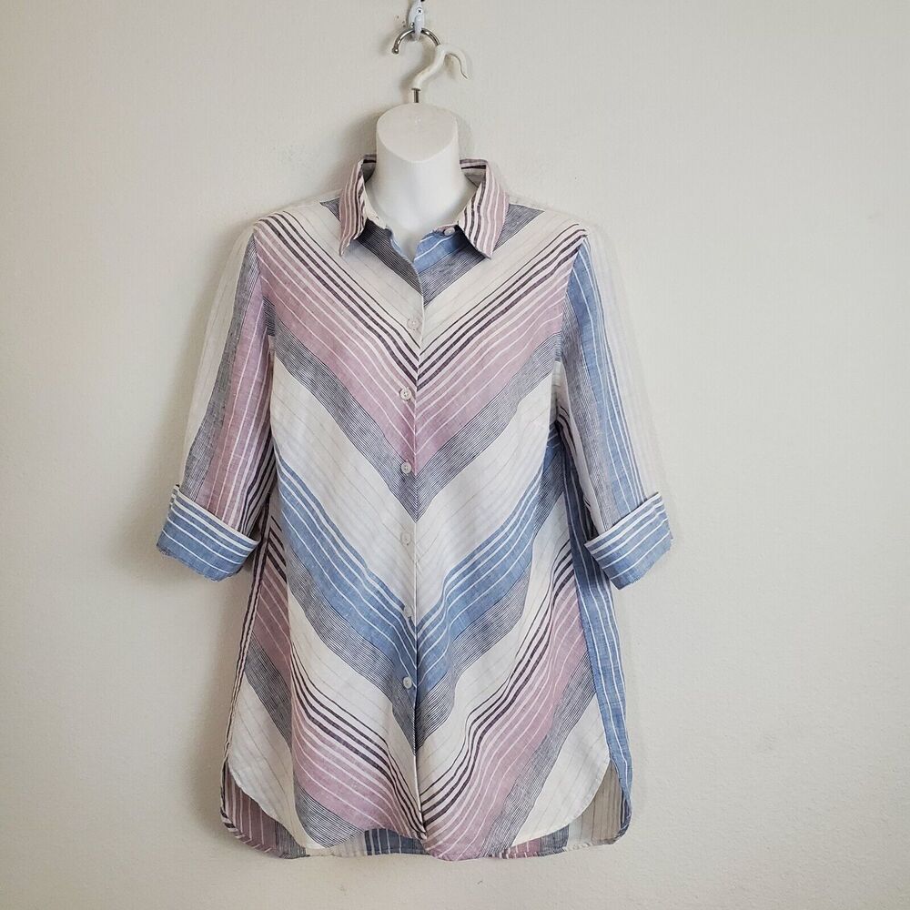 Chico's Tunic Top 8 Petite Striped Linen Coastal Grandma Casual No Iron Beachy